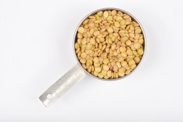A top-down close-up shows a stainless steel measuring cup filled with plump, light brown rehydrated raw lentils against a plain white background