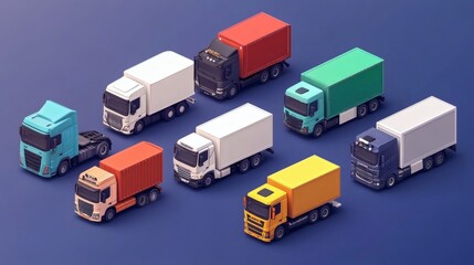 Eight colorful delivery trucks on a blue background.