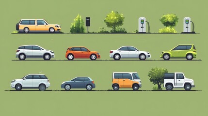 Naklejka premium Eight diverse cars parked near charging stations and trees.