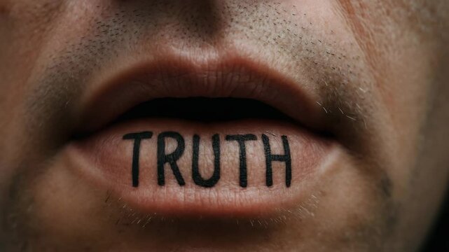Truth tattoo on inner lip close up revealing stop corruption concept with human mouth expressing honesty and truth