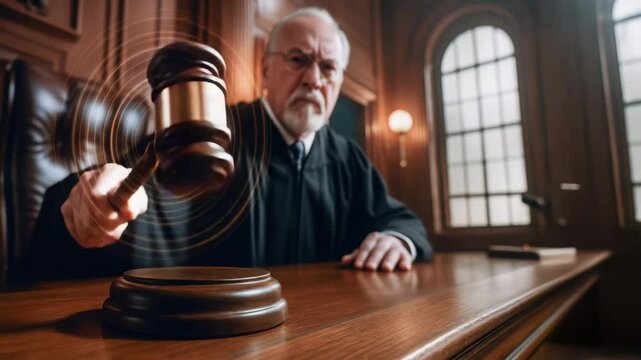 Judge strikes gavel in courtroom to stop corruption and uphold justice with strong authority enforcing law and order seriously