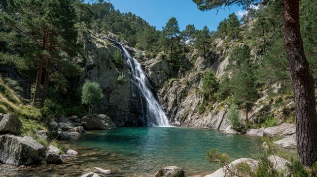 A pristine alpine waterfall gently cascades into a turquoise pool surrounded by rugged rocks and lush greenery in a serene, natural landscape.