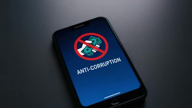Anti corruption concept on smartphone screen with stop sign over hand holding money symbolizing fight against corruption and bribery