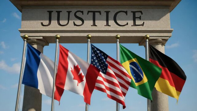 Justice concept with flags of France Canada United States Brazil and Germany representing stop corruption ideals and promoting fairness worldwide