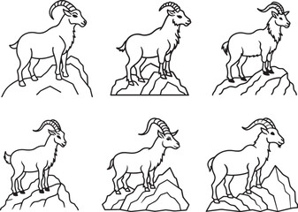 set of Majestic Goat on Mountain Peak line art, black outline, vector and illustration, coloring book page line art drawing
