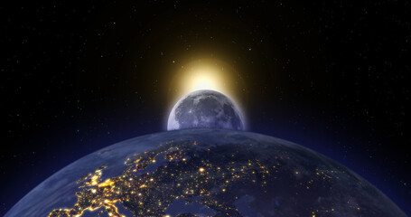 Planet earth, satellite moon and bright sun rise in one line, dawn. Bright sun illuminates planets. Stars and space. Solar system