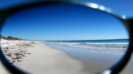 Ocean View Through Sunglasses: White Sand Beach and Blue Waves on Sunny Day