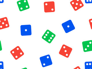 Dice seamless pattern. Green, red and blue craps dice on white background, top view. Casino dice game. Design for apps, banners, booklets, covers. Vector illustration