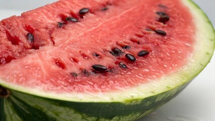 A close-up shot of a wedge of ripe watermelon