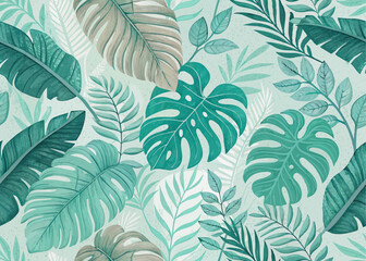 seamless pattern of tropical leaves monstera banana leaves pastel green and turquoise palette