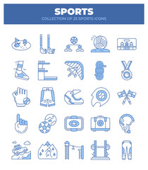 Collection of 25 Sport Icons.  Vector Graphics of Sport Equipment and Activities