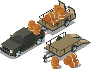 Isometric pickup truck with attached trailer carrying barrels © kabutlazuardi