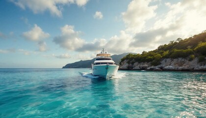 A luxury yacht sailing on clear blue water under a bright sky. The boat is moving across the water towards an island