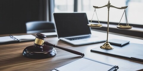 Wooden table in a law office, with gavel, scales, and laptop