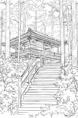 Fototapeta premium Wooden Structure Nestled Among Pines, coloring book style, vector graphic