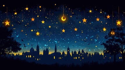 Enchanting nightscape shimmering urban skyline beneath celestial