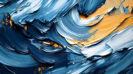 Abstract painting with vibrant blue and yellow hues.