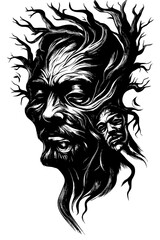 Ancient Tree With Faces Embedded, coloring book style, vector illustration art