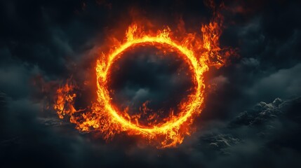 Fototapeta premium Flaming ring of fire against dark stormy clouds creates a mesmerizing and dramatic atmosphere