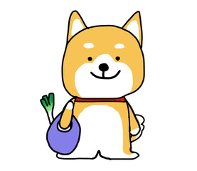 買い物袋を持つ食材を買い出しに行ったしばいぬ