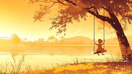 Child swinging in golden hour landscape