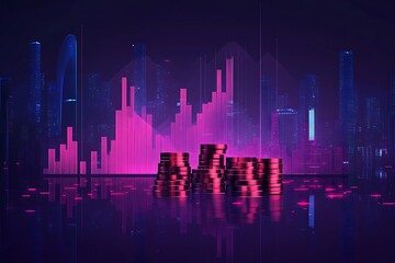 Stacks of coins in front of a futuristic cityscape with financial charts