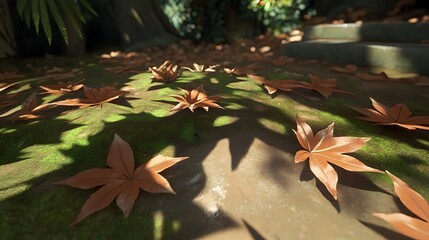 Autumn Maple Leaves on Mossy Ground near Stone Steps