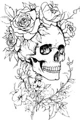 Fototapeta premium Crown Of Roses On Skull, coloring book style, vector illustration art