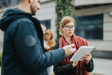 A group of individuals interacting in an outdoor professional engagement. The focus is on teamwork...