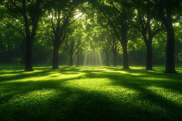 Naklejka premium Majestic sunlight streaming through trees in a lush green forest park landscape