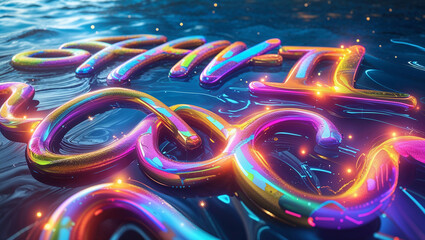 Abstract artistic composition featuring vibrant holographic floating letters with water effects.