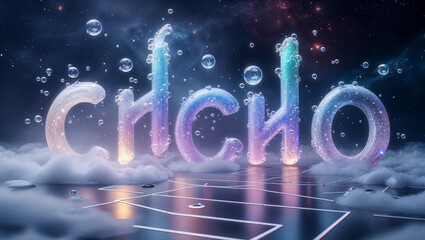 Abstract artwork displaying the word "chicho" in a transparent bubbled and nebula landscape