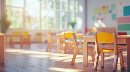 Sunny preschool classroom, wooden tables and chairs, colorful decorations