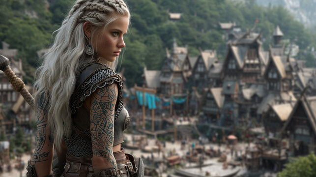 Viking Woman in Armor Overlooking Medieval Village - Powered by Adobe