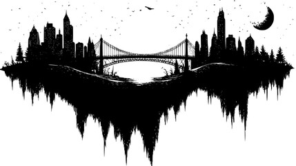 Fototapeta premium Floating Island With Connected Bridges, vector illustration art