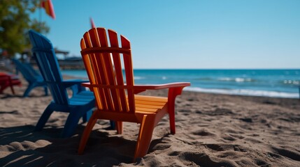 Colorful Adirondack chairs offering idyllic beach view during bright summer day