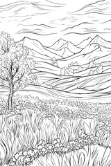 Fototapeta premium Gentle Slopes With Scattered Trees, coloring book style, vector illustration art