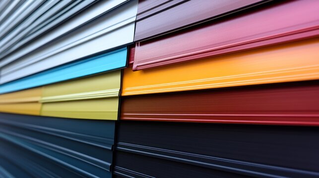 Colorful metal siding samples displayed in rows, showing various colors and textures.