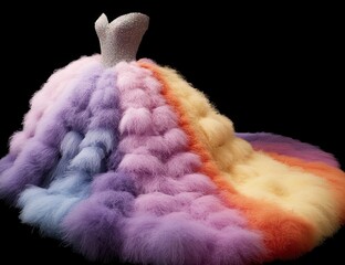 A vibrant, rainbow-hued ball gown with faux fur accents and sparkling bodice  The full skirt features a tiered, fluffy fur design