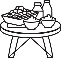 healthy food table line art, black outline, vector and illustration, coloring book page line art drawing