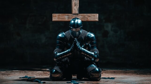 Medieval knight kneeling in prayer under wooden cross in dark moody setting.