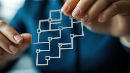 Woman's hands holding a digital flowchart representing connection and network.