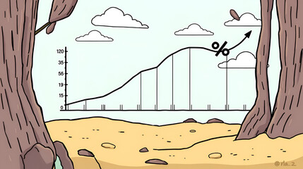 Percent rate variable floating sinusoid chart seamless loop. Walking up and down cycle. % character rising unstable. Funny business cartoon.