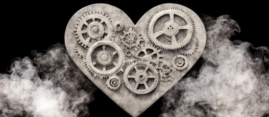 Steampunk heart with intricate gears, surrounded by smoke