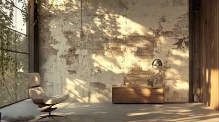 Rustic interior design featuring warm sunlight and shadows.