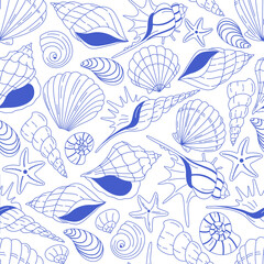 Blue seashells and starfish pattern on a white background. Seamless summer vector design.

