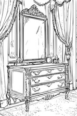Fototapeta premium Mirror Hanging Above Wood Dresser, coloring book style, vector illustration art