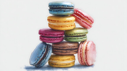 Colorful Macarons Stack: A delightful stack of colorful macarons, each with a unique pastel shade and chocolate filling, creates a visually appealing and delicious image. 