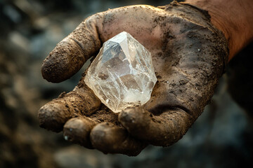Fototapeta premium A muddy hand holds a clear quartz crystal a treasure unearthed from the earth