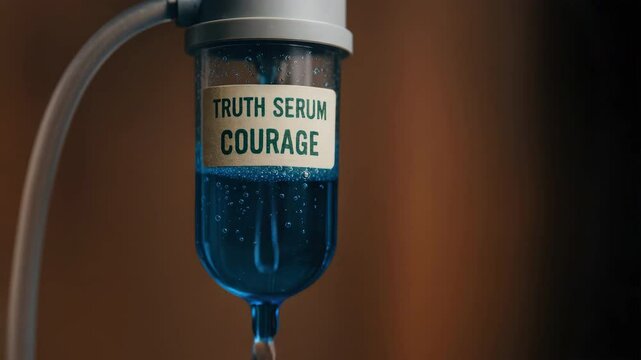 Truth serum concept in medical drip bag with blue liquid symbolizes courage and truth to stop corruption in hospital healthcare treatment